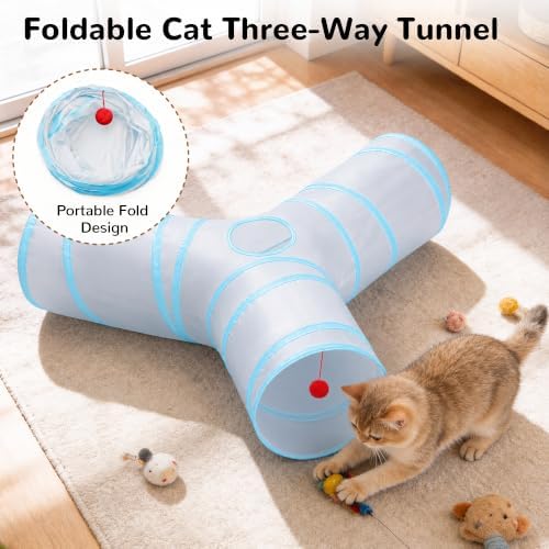 Tempcore Cat Tunnel, 3-Way Collapsible Toy, Large Size Light Grey & Blue