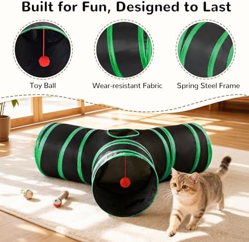 Tempcore Cat Tunnel, 3-Way Collapsible Toy for Indoor Cats, Black & Green