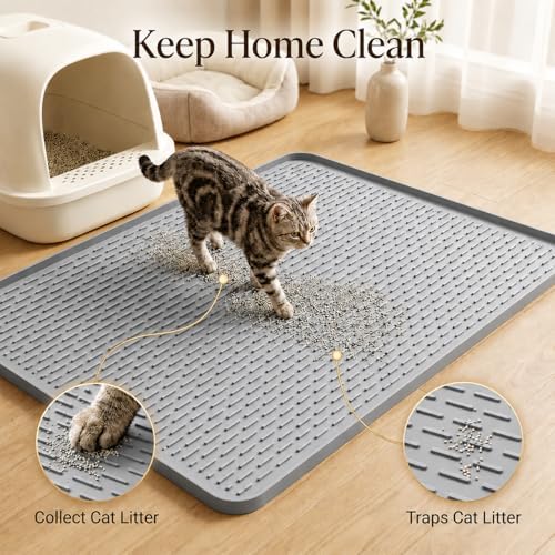 Cat Litter Mat, 40"x28" Extra Large, Waterproof Non Slip, Urine Proof & Easy Clean, Floor Protection Pad for Cat Litter Box Light Gray