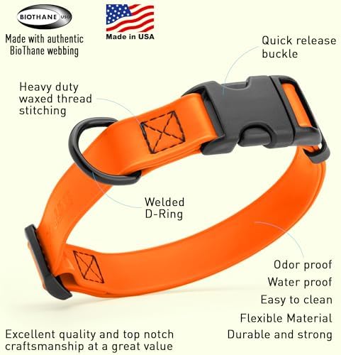 Dogline Biothane Waterproof Dog Collar with Quick Release Buckle Strong Coated Nylon Webbing with Odor- Proof for Easy Care Easy to Clean Fits Small Medium or Large Dogs, Orange 1" W 15-23" L