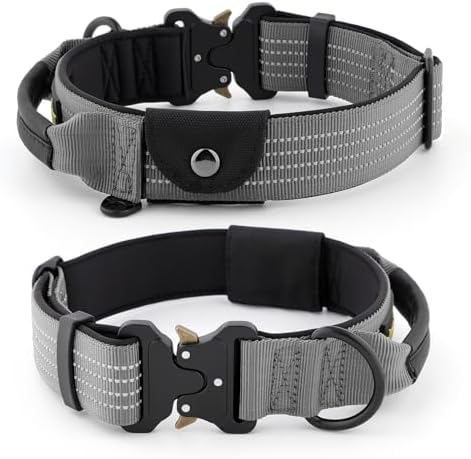 Plutus Pet Tactical Dog Collar with Pocket for AirTag, Gray, L