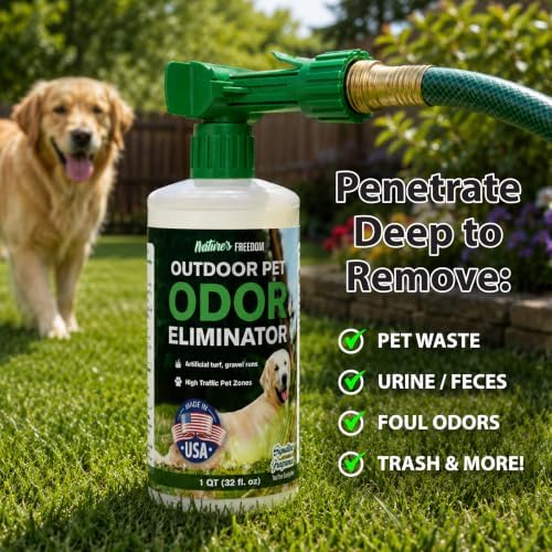Nature's Freedom Outdoor Pet Odor Eliminator with Hose-End Sprayer – Quart Enzyme Cleaner for Dog & Cat Urine, Grass, Patios, Kennels & Decks