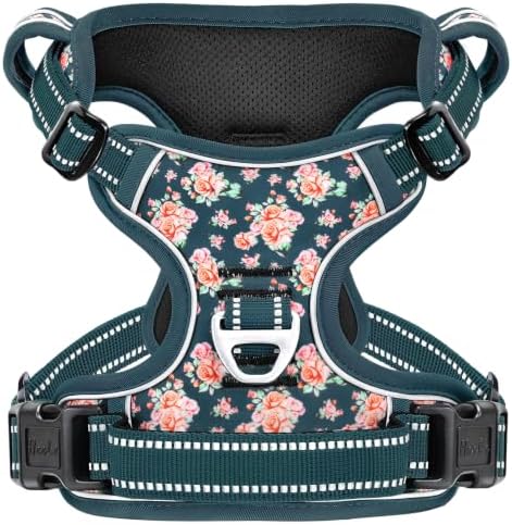 HEELE Dog Harness, Reflective, No Pull No Choke, Flower Blackish Green, XL