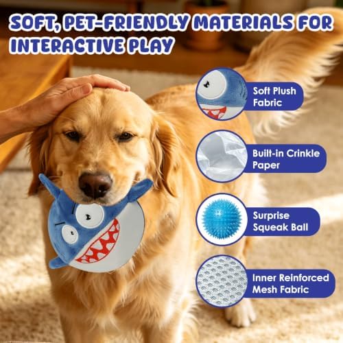 XIAPIA 3-in-1 Plush Shark Squeaky Dog Toys for Aggressive Chewers
