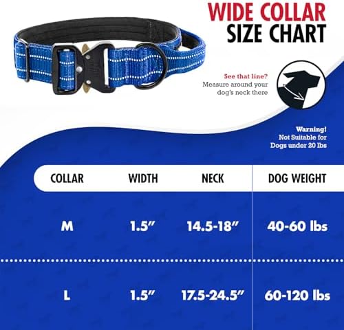 Tuff Pupper Tactical Dog Collar | Heavy Duty 1.5" Wide Ballistic Nylon | Training Control Handle | Quick-Release Metal Buckle | Reflective Bands | ID Tag Holder | Padded Inner Lining (Blue, Medium)