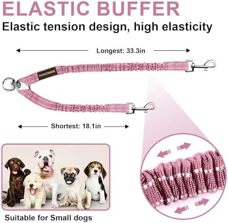 MingXpet 2 Dog Leash, Dog Leash for 2 Dogs, 360° Swivel No Tangle Double Walking Training Leashes for Large Dogs that Pull, Comfortable Shock Absorbing Reflective Bungee, Pink
