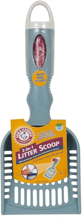 Arm & Hammer Deluxe 2-in-1 Cat Litter Scoop with Built In Waste Bag Dispenser, Comes with 12 Waste Bags, Colors May Vary