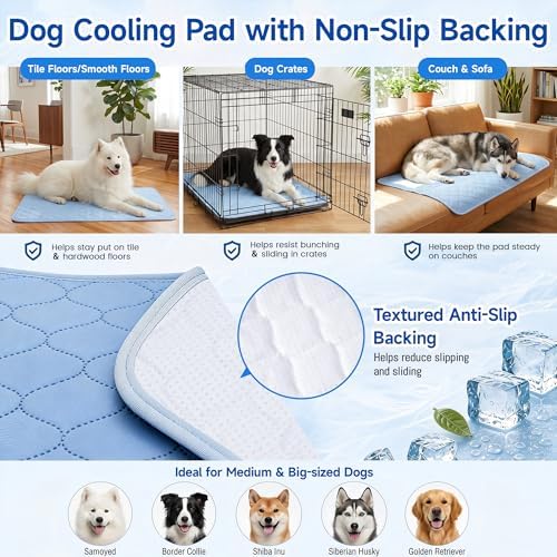 PatiencET Large Dog Cooling Mat, 32 x 44 in No-Gel Cooling Pad for Dogs, Cool Touch Nylon Pet Mat, Washable Dog Mat for Crate, Kennel, Bed, Floor, Sofa, Car, Blue
