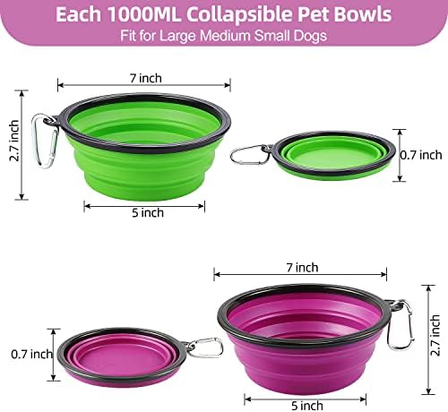 Kytely Large Collapsible Dog Bowls 2 Pack, 34oz Foldable Dog Travel Bowl, Portable Pet Water Food Bowl with Clasp, Pet Cat Feeding Cup Dish for Traveling, Walking, Hiking (Green+Purple)