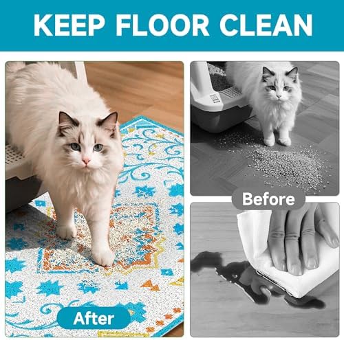 Cat Litter Mat, 24" x 16" Litter Box mat, Traps 100% Litter, Non-Slip Kitty Litter Trapping mats, Small Cute Litter mat, Easy Clean for Scatter Control, Bohe cat Food mat, Urine Waterproof
