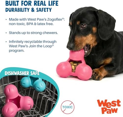 WEST PAW Zogoflex Tux Treat Dispensing Dog Chew Toy – Interactive Chewing Toy for Dogs – Dog Games for Aggressive Chewers, Fetch, Catch – Holds Kibble, Treats, Large 5", Teal