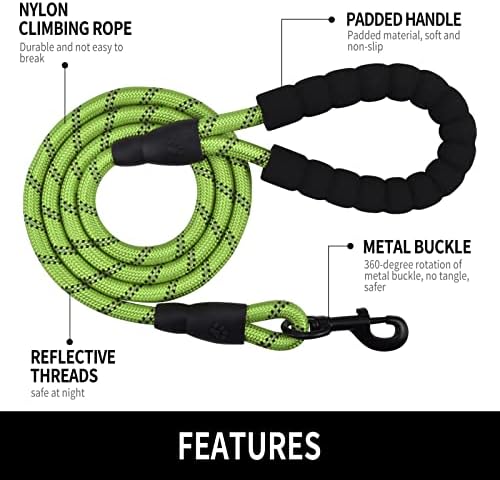 6FT Reflective Dog Leash with Padded Handle for All Dog Sizes.Green