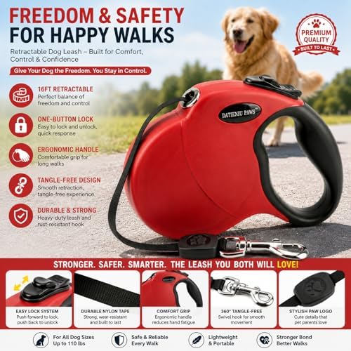 Retractable Dog Leash Hands-Free Adjustable Length 16ft with Safety Lock Durable Nylon Belt for Small Medium Large Dogs Easy Walk Training Portable Dog Leash Red L