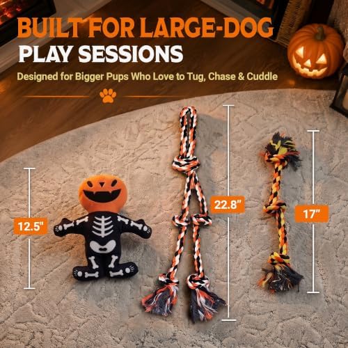 Pacific Pups Products Halloween Dog Toys for Large Dogs — 3-Pack Set | Plush Squeaky Toy + Dog Halloween Rope Toys Benefits Dog Rescue