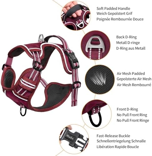 HEELE Dog Harness for Medium Dogs No Pull Dog Vest Harness with Soft Padded Handle Reflective for Outdoor Training, Burgundy Red, M