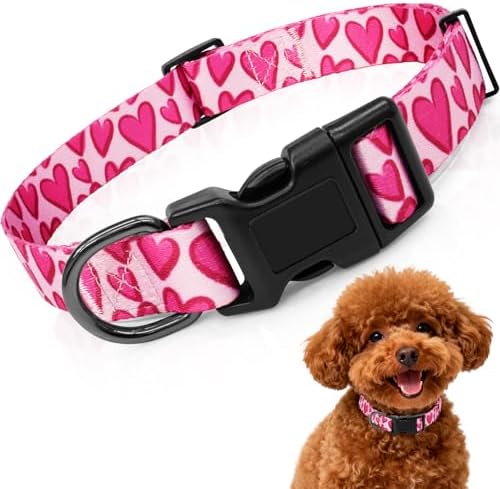 Kazazoo Dog Collar Cute and Soft Nylon Puppy Collar Girl Dogs, Adjustable Dog Collars for Small Dogs, Hot Pink Heart-S