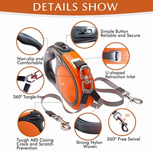 KOOLTAIL Dual Retractable Dog Leash for Two Dogs Up to 110 Lbs, Heavy Duty Double Headed 16 ft Extendable 360° Tangle-Free One Button&Lock Brake Dog Leash for Small Medium Large Dogs PuppyOrange