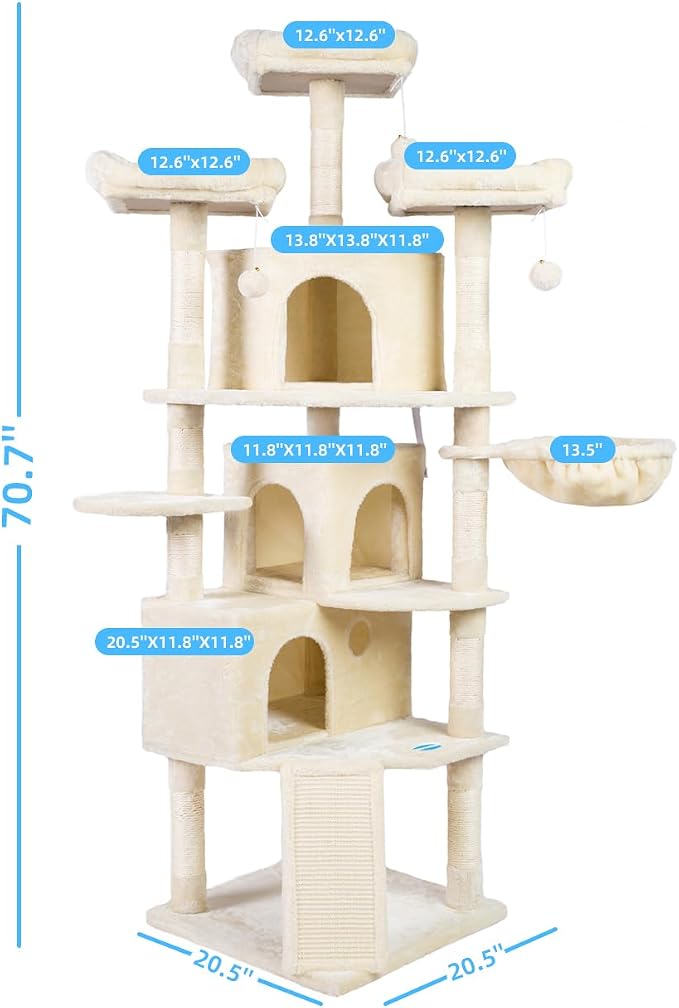 Hey-brother Cat Tree Tower with Multi-Level Large Condo, Platform, MPJ032M | 73.4 Inch Cat Tower with 3 Caves, 3 Cozy Perches, Scratching Posts, Board, Activity Center Stable for Indoor Cats, Beige