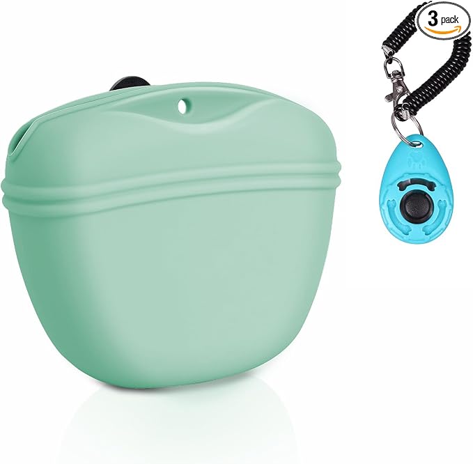 Left&Right Dog Clicker Training Kit,Silicone Dog Training Treat Pouch and Dog Clickers,Dog Treat Bag with Clicker Training for Dogs,Pet Treat Bag with Magnetic Buckle Closing and Waist Clip,Egg Green