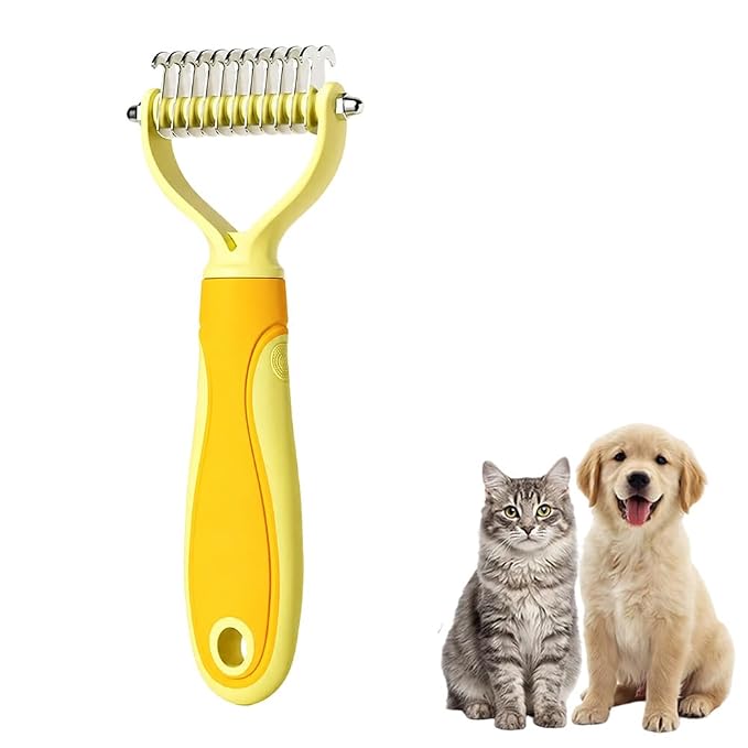 Dematting Comb for Dogs and Cats, 2026 Upgraded Pet Pro Tool Grooming, Dual-Sided Deshedding and Dematting Brush, Ergonomic Pet Grooming Brush, Gentle Pet Hair Remover Comb (Yellow, S)