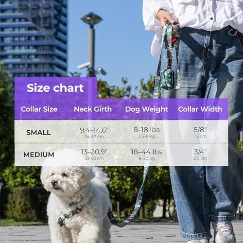 KIKI & RIKI Soft Nylon Dog Collar for Small Dogs, Adjustable, Quick-Release Buckle, Size S (Neck 9.4-14.6"), Green Artist-Designed Print