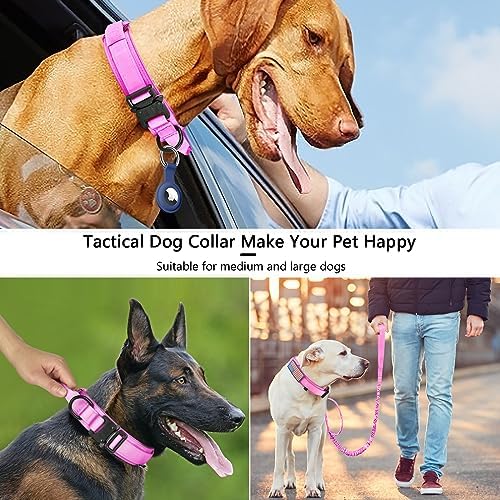 DAGANXI Tactical Dog Collar, Adjustable Military Training Nylon Dog Collar with Control Handle and Heavy Metal Buckle for Medium and Large Dogs, with Patches and Airtags Case (L, Pink-Set)