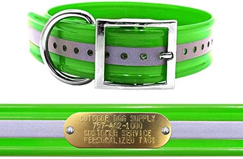 Reflective Heavy Duty D-Ring 1.5" Dog Collar w Custom Name Tag, Lime Green