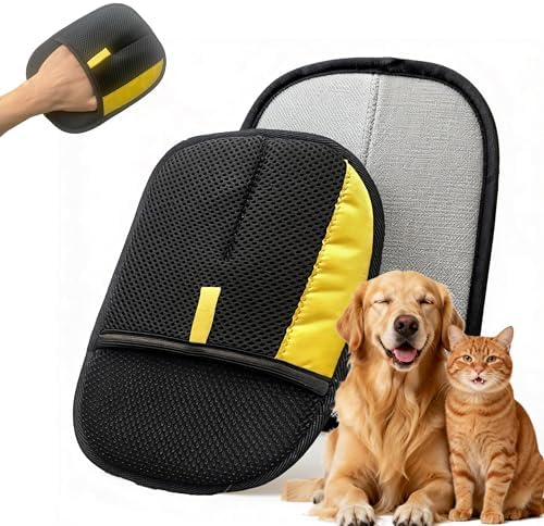 Electrostatic Pet Hair Removal Glove for Cats & Dogs, Reusable Magic Brush for Furniture & Clothes, Cat & Dog Fur Remover Tool (Black-Yellow Medium 1-Pack)