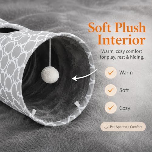 Geometric Straight Cat Tunnel with Plush Inside,Cats Toys Collapsible Tunnel Tube with Balls, for Rabbits, Kittens, Ferrets,Puppy,Diameter 11.8 Inch