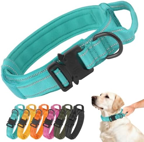 Tactical Dog Collar Military Adjustable Pet Collar with Control Handle, Reflective Heavy‑Duty Metal Buckle, Soft Padded Nylon Training Collar for Medium Large Dogs (Cyan, Medium)