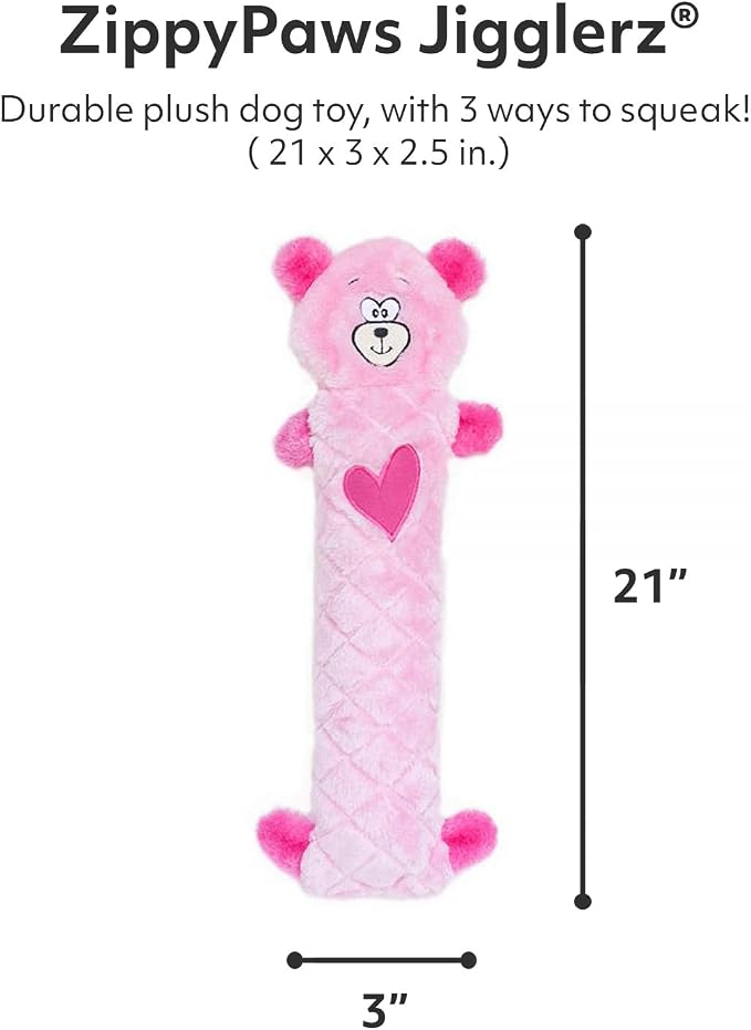 ZippyPaws Jigglerz - Dog Squeaky Toys to Keep Them Busy, Funny Animal Plush for Small, Medium, & Large Dogs, Cute Stuffed Puppy Toy, Pet Product, Gift for All Breeds, Interactive Squeaker - Pink Bear