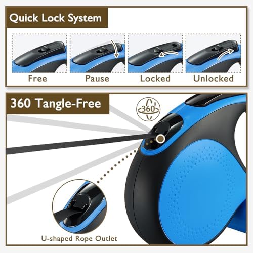 Retractable Dog Leash with Chew Proof Cable,26 ft Durable Dog Leash for Large Medium Dogs up to 110 lbs, 360° untangled, One-Handed Brake. (Blue)