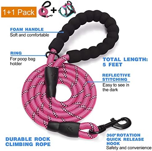 tobeDRI No Pull Dog Harness Adjustable Reflective Oxford Easy Control Medium Large Dog Harness with A Free Heavy Duty 5ft Dog Leash, Pink/Turquoise, L