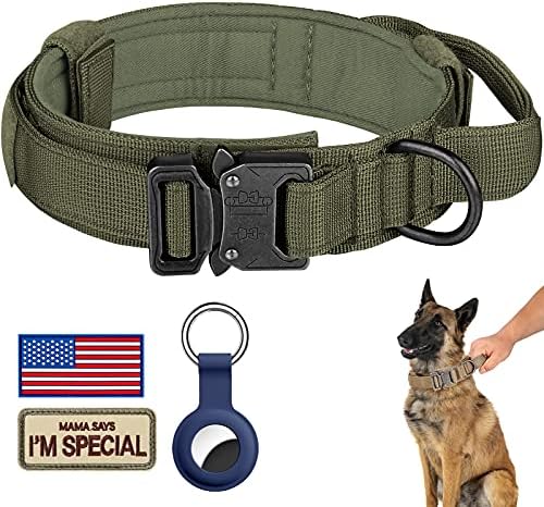 DAGANXI Tactical Dog Collar, Adjustable Military Training Nylon Dog Collar with Control Handle and Heavy Metal Buckle for Medium and Large Dogs, with Patches and Airtags Case (M, Green)