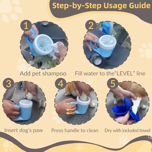 Small Pet Paw Cleaner Cup - Easy Press Design Dog Foot Washer with Soft Massage Brush & Absorbent Towel - Reusable Durable Paw Cleaning Cup for Dogs Cats, Easy to Clean Handheld Bath Tool