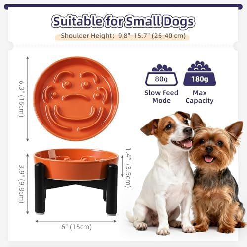 Elevated Slow Feeder Dog Bowl, 0.8 Cups Ceramic Raised Slow Feeder with Stainless Stand, 6.3 Inch Wide Lifted Dog Bowl for Small Breeds to Control Eating Speed, Orange