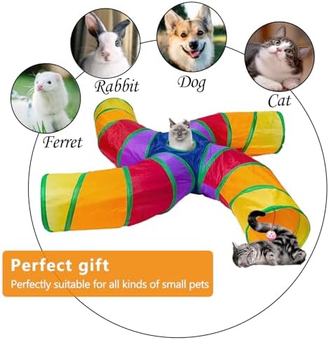 EGETOTA Cat Tunnel for Indoor Cats Large, with Play Ball S-Shape 4 Way Collapsible Interactive Peek Hole Pet Tube Toys, Puppy, Kitty, Kitten, Rabbit (S4 - Multicolor)