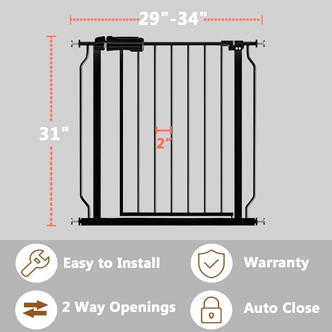 Fairy Baby Walk Through Black Baby Gate 29-34 Inch Wide for Stairs, Pressure Mounted Safety Gate with Door No Drill, Tension Metal Gate for Dog and Toddler
