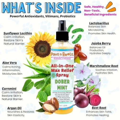 All-in-One Max Relief Spray - 100% Natural, Organic, & Plant-Based. Dry Shampoo, Deodorize, Detangle, Repel. Fast Relief Itching & Inflammation. Safe to Use on All Surfaces & Pets. Tear-Free. Mint