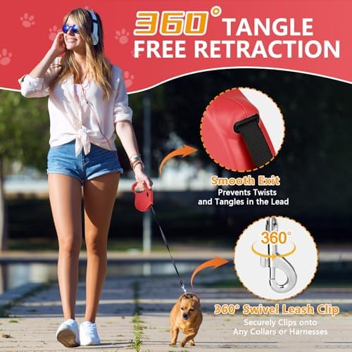 Retractable Dog Leash, 16ft Dog Walking Leash for Small Dogs up to 77lbs, Non-Slip Handle - Red