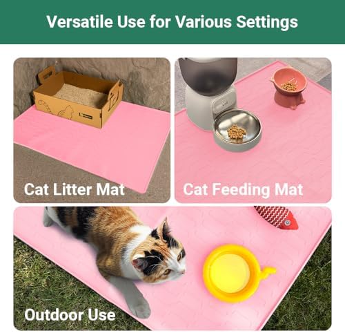 Cat Litter Mat, Large 32'' x 24'' Silicone Litter Box Mat for Litter Trapping, Waterproof, Non-Slip, Easy to Clean, Pink