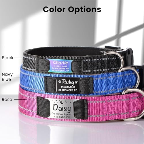Personalized Dog Collars - Adjustable Reflective Dog Collar with Name Tag Engraved, Soft Neoprene Padded Breathable Nylon Dog Collar for Small/Medium/Large Dogs, Navy Blue, M