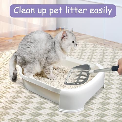 PINVNBY Cat Litter Scooper, Long Handle Litter Sifter Scoop with Litter Scoop Holder Stainless Steel Kitten Scooper Deep Kitty Litter Scooper with Box Metal Detachable Sifting Litter Shovel Set