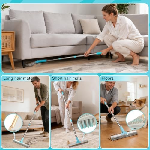 Vivifying Carpet Rake Pet Hair Remover, 56" Adjustable Handle, Blue