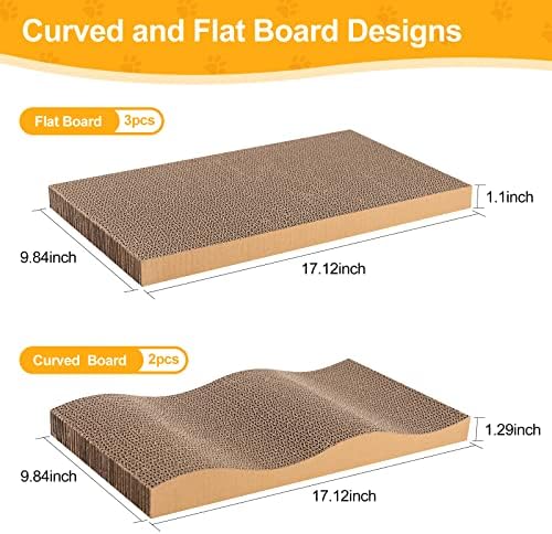 Poils bebe 5 PCS Cat Scratcher with Box, Reversible Cat Scratchers for Indoor Cats, Cardboard Cat Scratcher with Catnip, 2 Curved and 3 Flat Boards for Scratching Bed