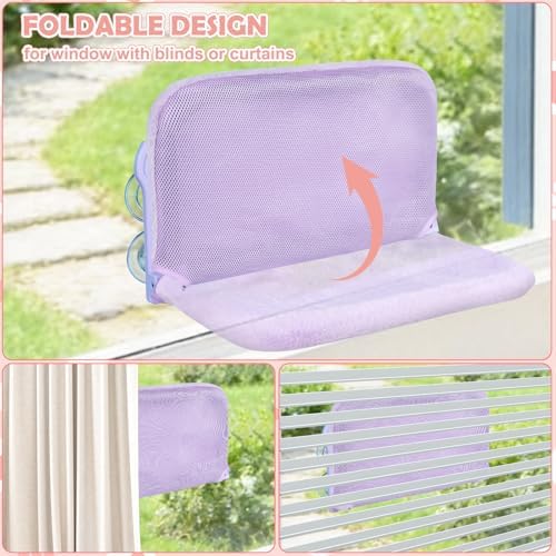2 Pack Cat Window Perch,Cat Window Hammock Cordless Foldable Window Bed with 4 Large Strong Suction Cup,Reversible Cushion Cover,Metal Frame Easy to Adjust Window Seat Holds up to 40lbs(Purple)