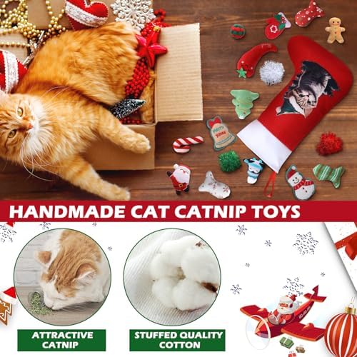 Syhood 18 Pcs Christmas Cat Stocking Toys Catnip Toys Set, Include Kitten Interactive Wand Toy Cat Chew Toy Teaser Wand Teething Mouse Santa Fish Ball Feather Toy Christmas Hanging Stocking for Pet
