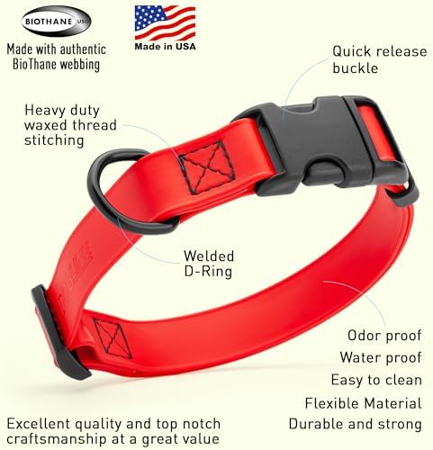 Dogline Biothane Waterproof Dog Collar with Quick Release Buckle Strong Coated Nylon Webbing with Odor- Proof for Easy Care Easy to Clean Fits Small Medium Large Dogs, Red 5/8" W 9-14" L