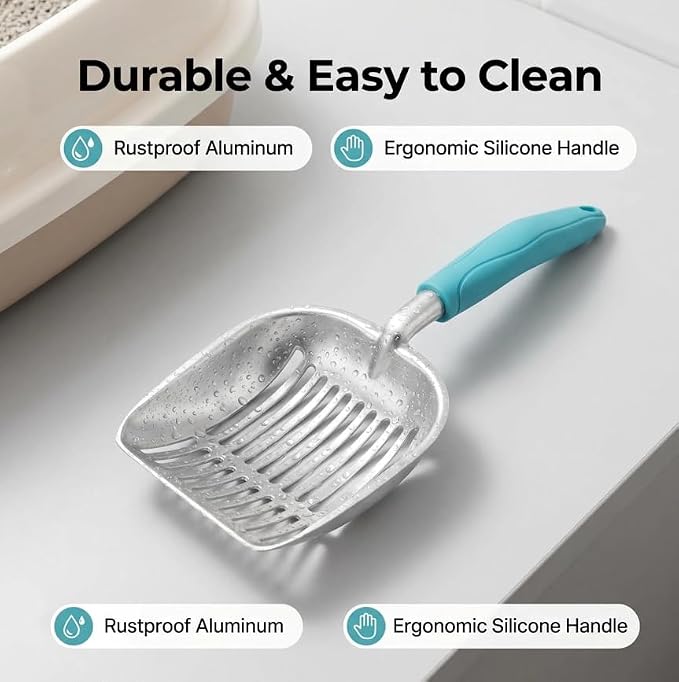 Heavy Duty Cat Litter Scoop with Holder - All Metal Cat Litter Scooper with Holder - Speed Sifter Litter Box Scooper Captures All Clumps - Aluminum Cats Litter Scooper
