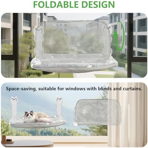 2 Pack Cat Window Perch, Glow in The Dark Foldable Cat Window Hammock with Sunken Design, Removable Soft Cover, Breathable Cordless Window Bed for Cats Inside Holds up to 40lbs (Star Grey)
